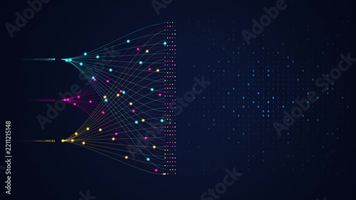 colorful binary data streams fanning through neural network layers into output nodes animation on dark blue