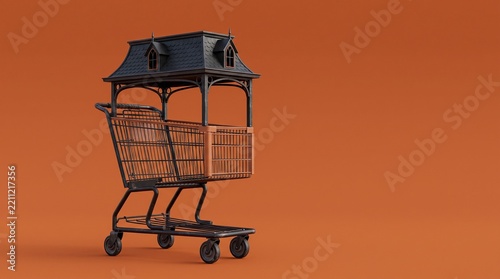 Conceptual 3D illustration of a shopping cart transformed into a mini house on an orange background