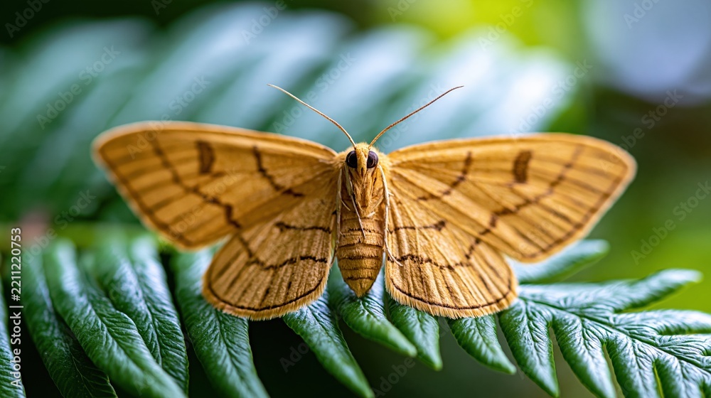 Obraz premium Close-up of a delicate amber-colored moth with intricate wing patterns resting on a vibrant green fern leaf