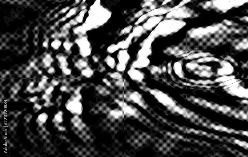 Abstract black and white glitch halftone background with fine dot pattern and rippling water shapes in high contrast monochrome. Pairs with a poster, vintage film and retro design aesthetic.