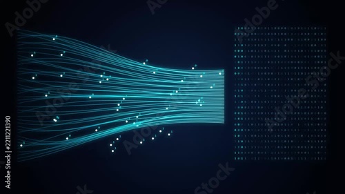 flowing binary data streams through luminous neural network animation on dark digital background
