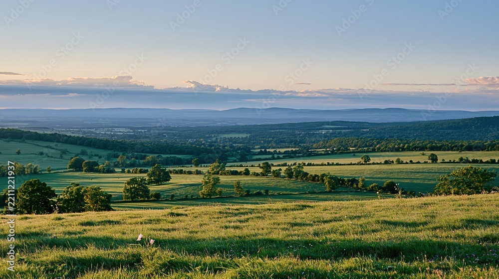Obraz premium Golden Hour Sunlight Illuminates Rolling Green Hills and Distant Mountains in a Serene Countryside Landscape