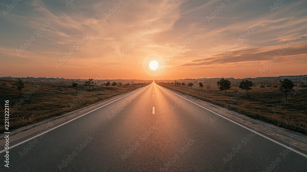 Obraz premium Endless highway stretching towards a vibrant sunset over a rural landscape