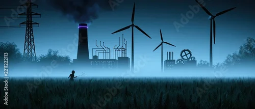 Panel kuchenny z motywem Industrial Landscape at Dusk with Wind Turbines and Smokestacks Contrasting Clean Energy and Pollution