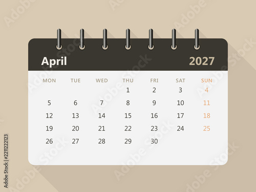 April 2027 monthly calendar with clean minimalist design, dates, weekdays and modern desk calendar style