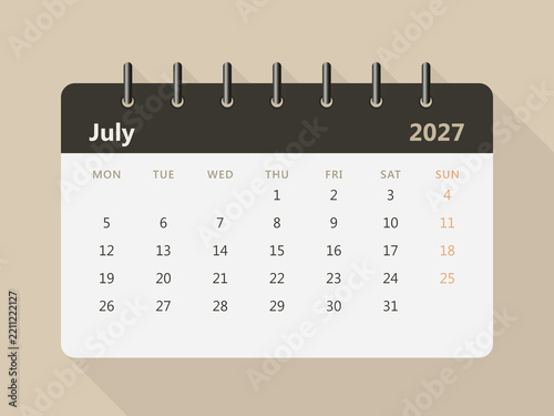 July 2027 monthly calendar with clean minimalist design, dates, weekdays and modern desk calendar style