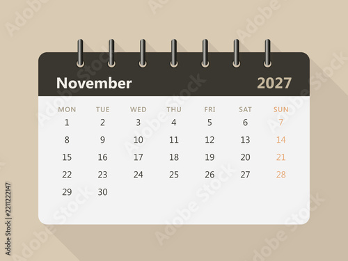 November 2027 monthly calendar with clean minimalist design, dates, weekdays and modern desk calendar style