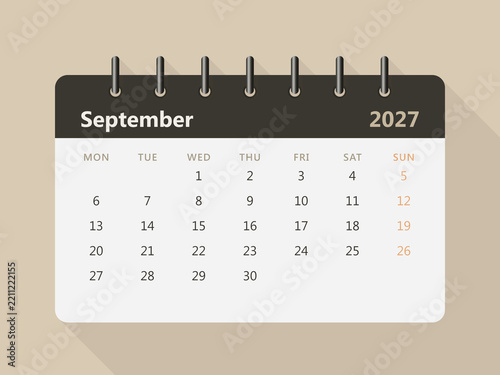 September 2027 monthly calendar with clean minimalist design, dates, weekdays and modern desk calendar style