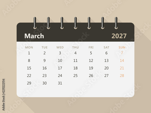 March 2027 monthly calendar with clean minimalist design, dates, weekdays and modern desk calendar style