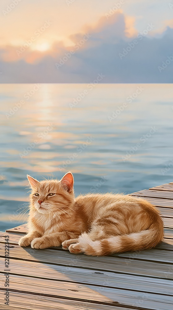 Fototapeta premium Serene Orange Tabby Cat Relaxing on Wooden Pier Overlooking Calm Ocean at Sunset