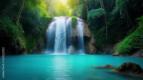 Lush jungle waterfall cascading into turquoise water during golden hour sunlight