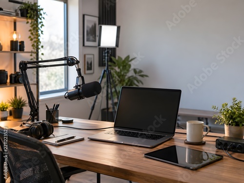 Home Content Creator Studio with Boom Microphone Laptop Tablet Headphones and Video Light