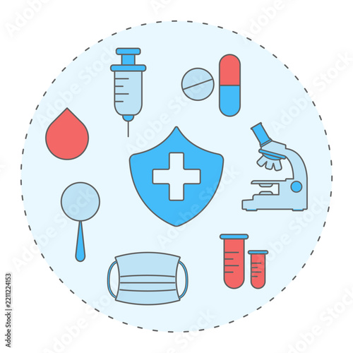 Medical healthcare and laboratory icons with protective shield. Medical protection concept. Vector illustration, isolated on white.