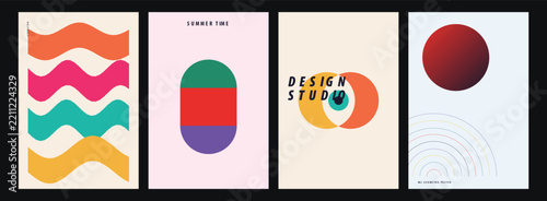 Abstract geometric poster design set featuring colorful minimalist shapes and artistic modern compositions for creative home wall art decor