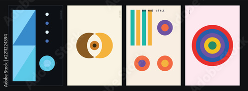 Abstract geometric poster design set featuring minimalist shapes and vibrant colorful compositions for modern wall art gallery decoration