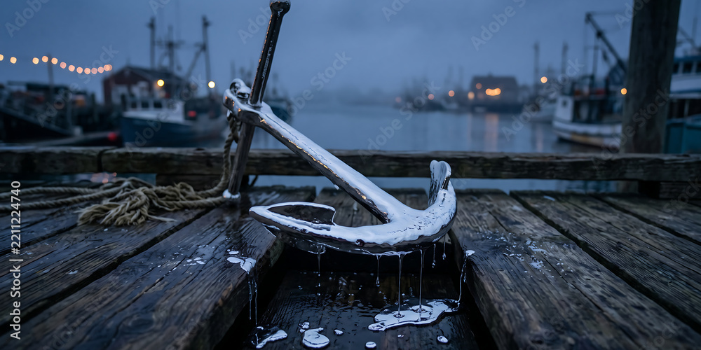 Obraz premium Metallic anchor dripping liquid silver on weathered wooden pier in harbor features reflective surfaces and industrial maritime atmosphere at twilight.