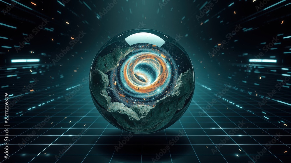 Fototapeta premium Glowing sphere dominates scene. Swirling galaxy inside reflects futuristic grid lines, intense light streaks. Dark background enhances visual impact.