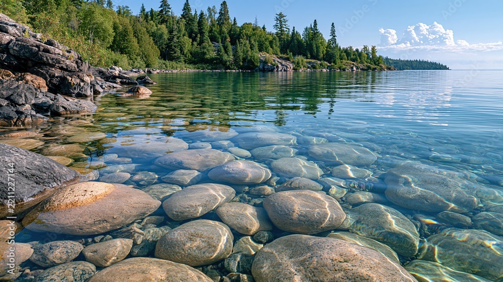Fototapeta premium Crystal Clear Lake Water Revealing Smooth Pebbles on Rocky Shoreline with Lush Forest Backdrop