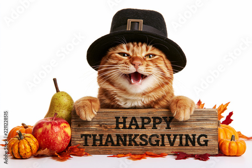 Kitten in pilgrim hat with Happy Thanksgiving sign among pumpkins and fruit