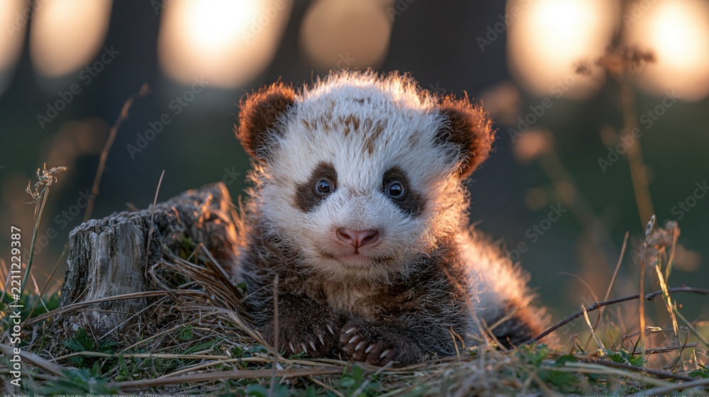 Obraz premium Adorable Baby Panda Cub with Unique Brown and White Fur Resting in Golden Hour Sunlight