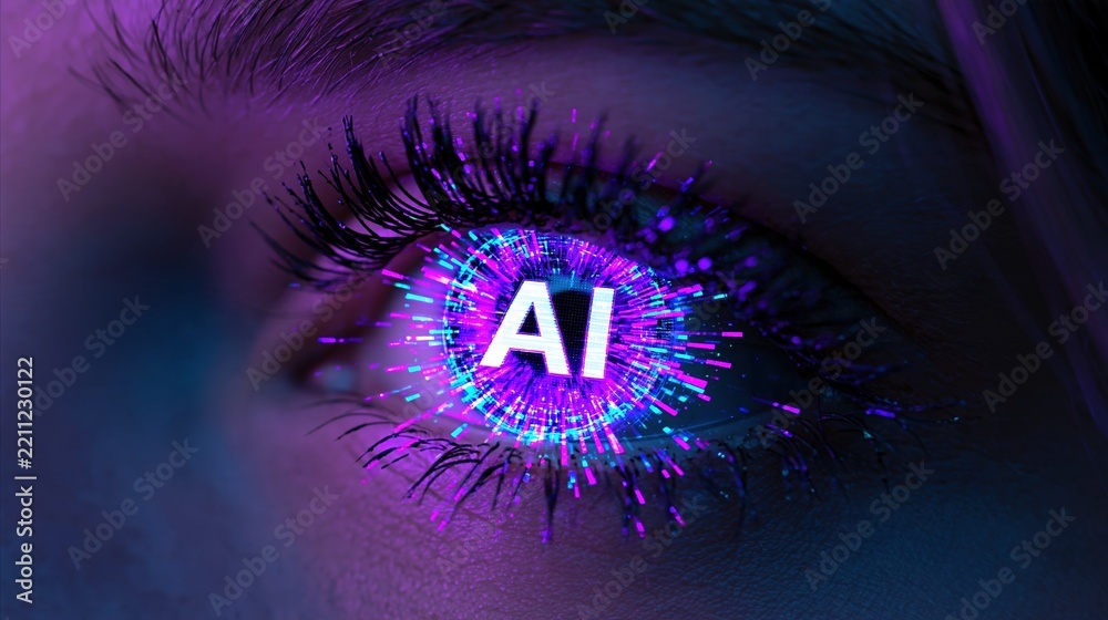 Fototapeta premium Close-up of a human eye reflecting glowing AI technology with futuristic digital light effects