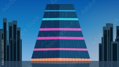 Modern architectural visualization of a smart glass skyscraper. Features controlled neon lighting activating sequentially, enhanced with subtle vertical data streams and tech-grid patterns.