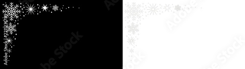 Snowflakes border design, corner decoration pattern with ice crystal, star and snow dot elements on black and transparent backgrounds vector illustration
