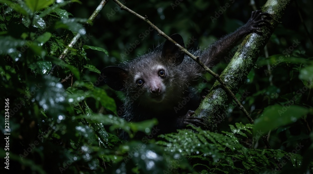 Fototapeta premium An aye-aye lemur perched on a mossy tree branch within a lush, dark tropical rainforest habitat