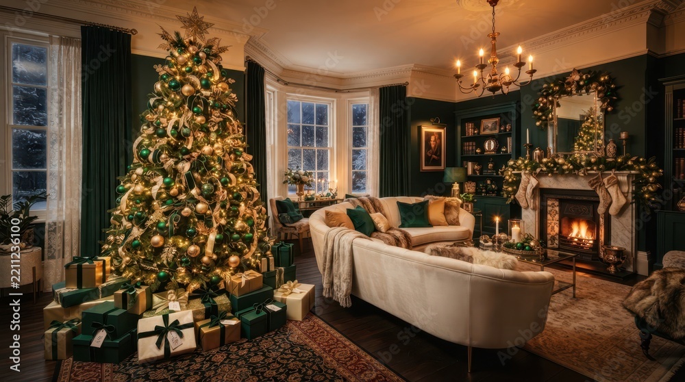 Obraz premium Elegant living room interior with a decorated Christmas tree and a warm glowing fireplace
