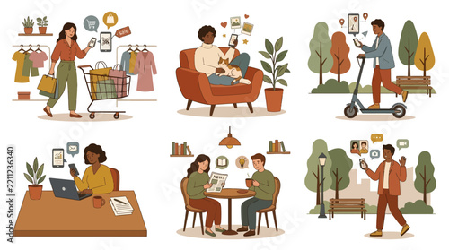 Collection of people using mobile devices for daily activities and digital communication in various settings.