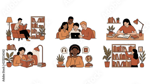 Collection of illustrations showing people studying reading and working in a library or home office environment.