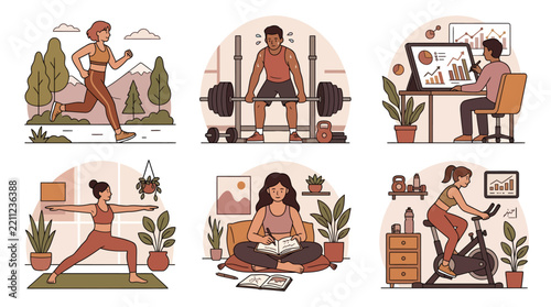 Set of illustrations depicting healthy lifestyle activities including exercise and work.