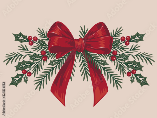 Christmas Greetings Card With Holly Leaves And Bow On Taupe Background