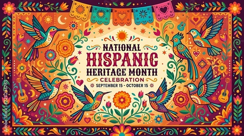 Traditional Mexican folk art background featuring colorful hummingbirds, flowers, and papel picado for National Hispanic Heritage Month. 