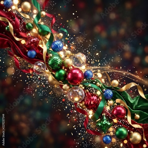 Christmas Ornaments and Festive Ribbons Holiday Background