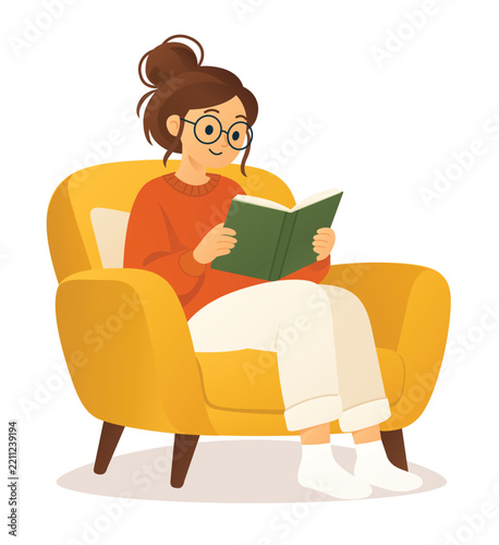 Woman Reading Book in Armchair Illustration