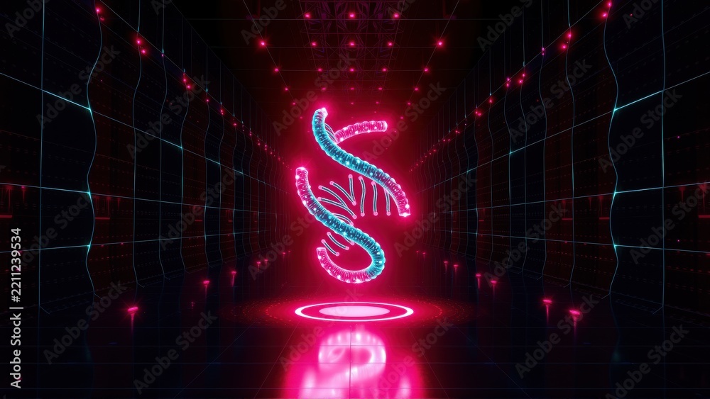 Fototapeta premium Neon symbol glows within dark digital tunnel. Lines create perspective, reflecting light on glossy floor. Futuristic aesthetic dominates scene.
