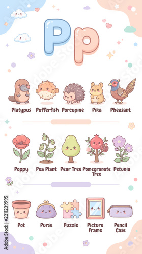 Adorable Letter P educational alphabet poster for kids featuring cute animals plants and objects in pastel kawaii style design by alevidhanu