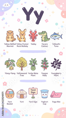 Cute educational alphabet vocabulary poster for kids with letter Y words illustration design by alevidhanu