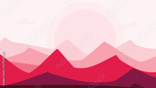 Nature landscape featuring pink mountains and sunrise; modern, flat, geometric, minimalist illustration; graphic design elements; digital background for web, social media, and banners.