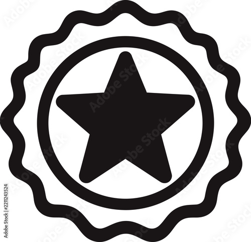 Black star badge symbol in a wavy circle frame with black and white star shape design element