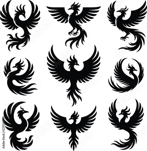 Set of phoenix bird silhouettes in various flying poses for mythology and fantasy designs