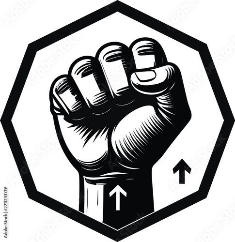 Raised clenched fist in a hexagon frame as a symbol of power and resistance with resistance icon