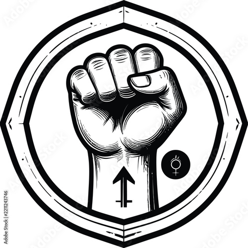 Raised fist inside a circular frame with astrological symbols representing empowerment and strength
