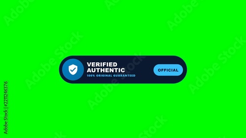 High contrast 4K verified authentic guarantee badge animation with a checkmark badge icon and bold clean typography on solid green screen background.