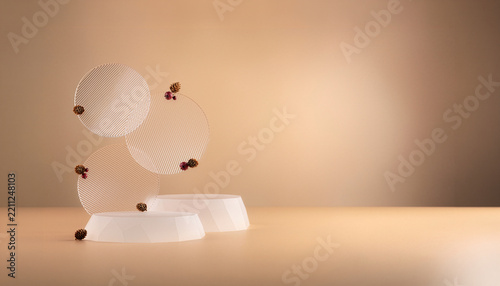 Product display podiums with pinecones and berries