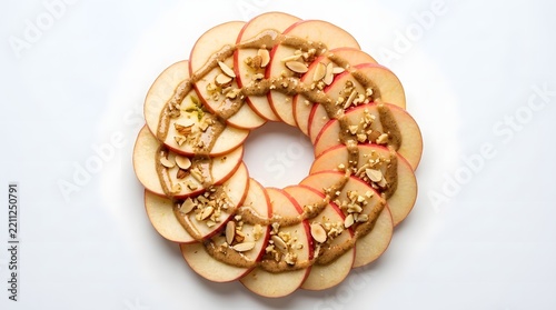 Fresh apple slices arranged in a circular wreath shape topped with peanut butter and nuts.
