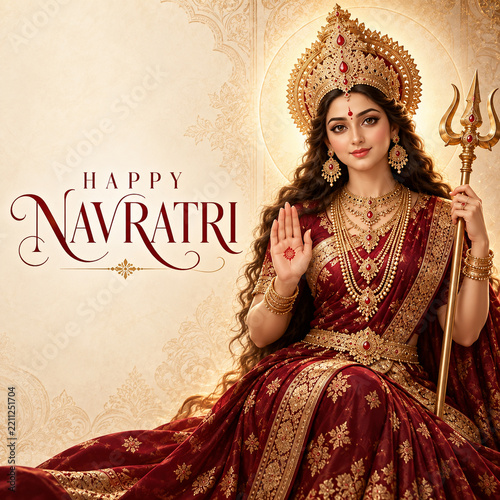 Indian woman dressed as goddess durga for navratri festival with navratri festival hinduism tradition portrait religious blessing spiritual celebration