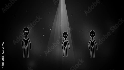 Three aliens illuminated by a UFO light beam in dark starry night