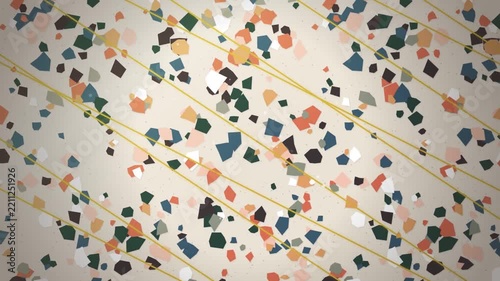 Terrazzo pattern background with abstract geometric shapes and yellow lines